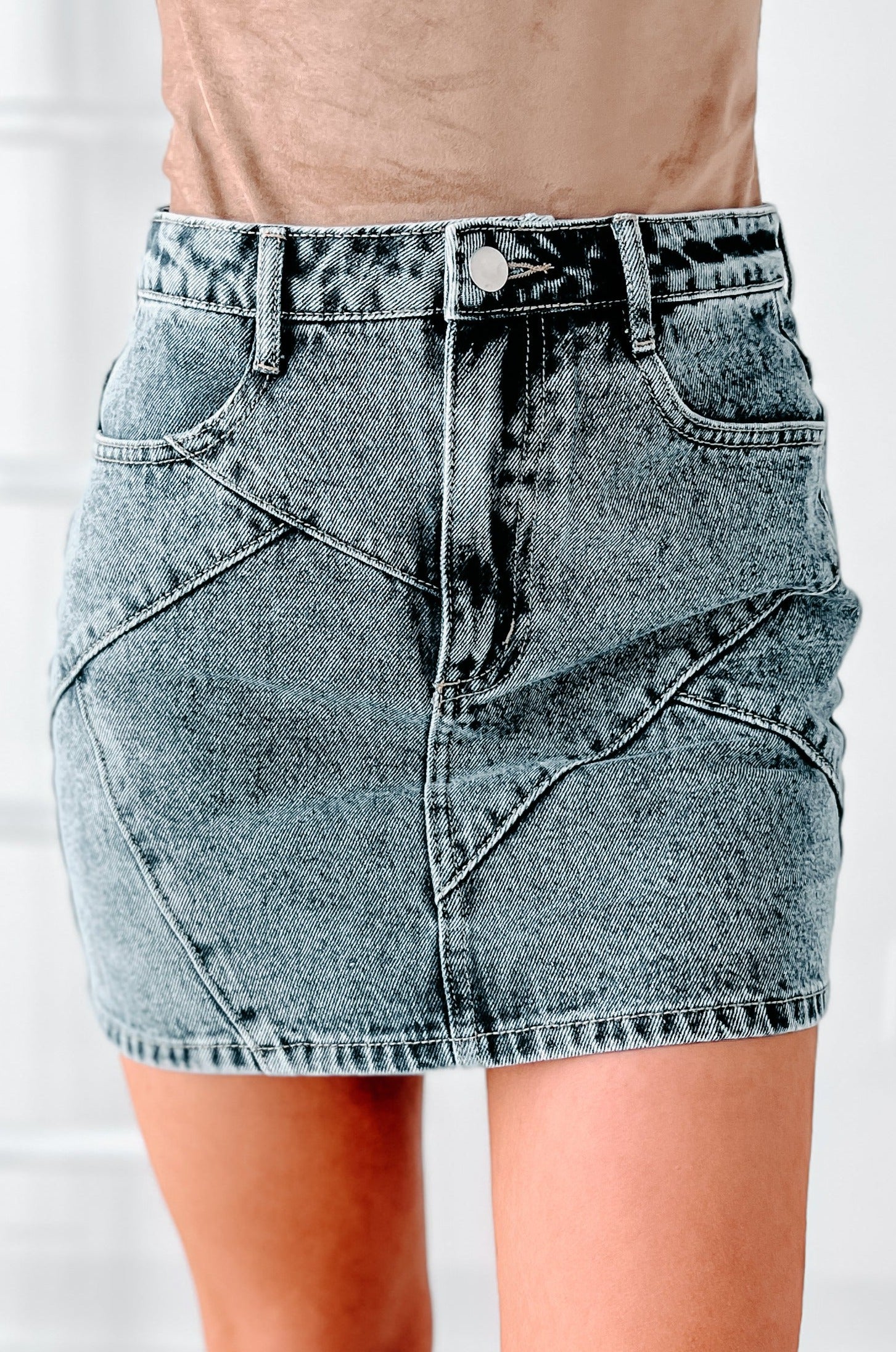 Without Hesitation Stitch Detailed Denim Mini Skirt (Washed Denim ...