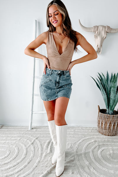 Harlynn Faux Suede Bodysuit (Taupe) - NanaMacs