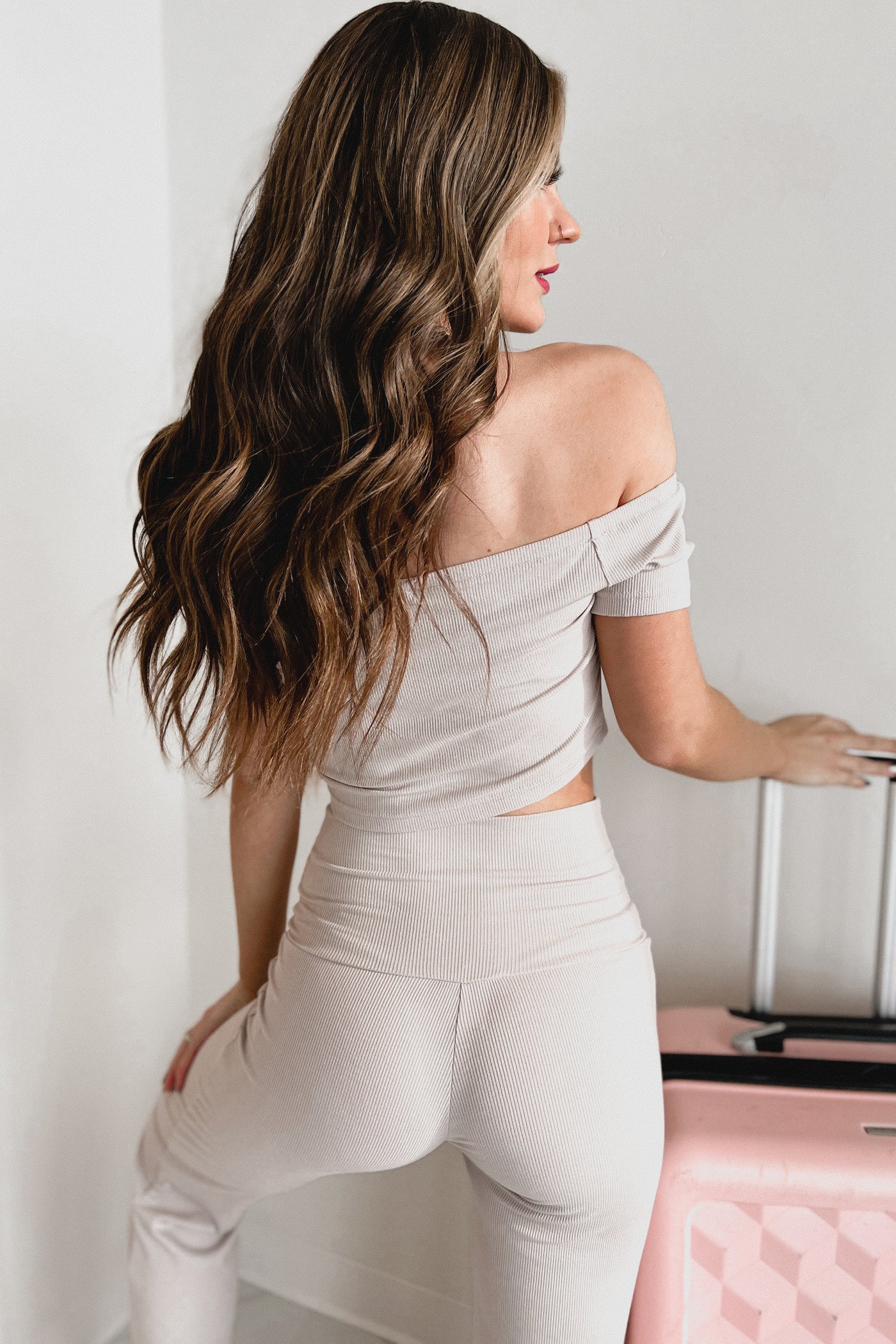 Never Basic Ruched Off The Shoulder Crop Top (Taupe) - NanaMacs