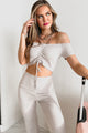 Never Basic Ruched Off The Shoulder Crop Top (Taupe) - NanaMacs