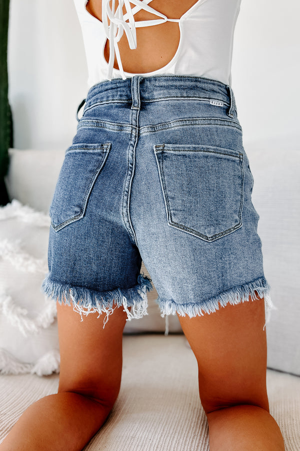 "Two Sided" Raw Hem Risen Two-Tone Denim Shorts (Blue Combo) - NanaMacs