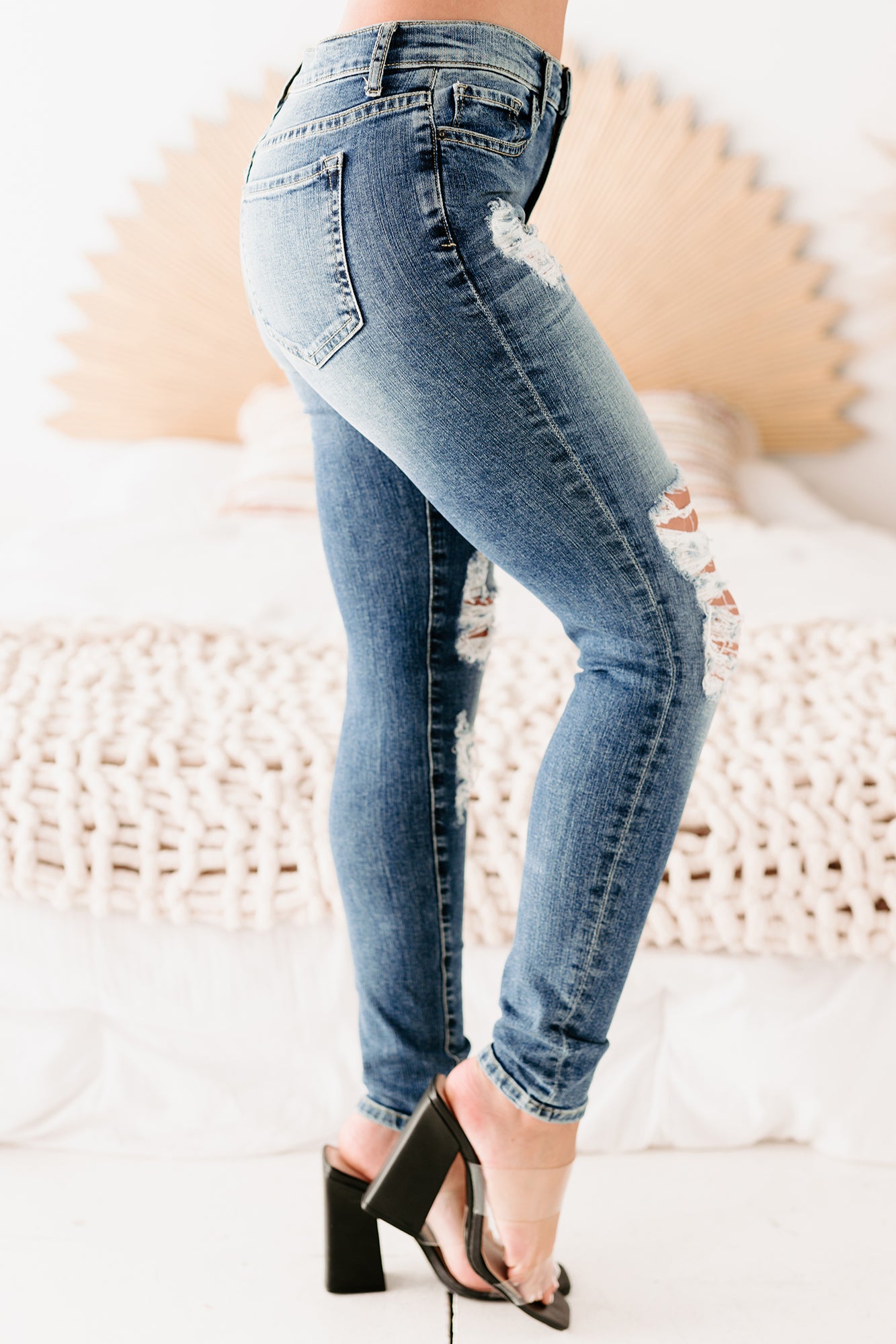 Open Window Sneak Peek Mid-Rise Distressed Skinny Jeans (Medium Dark) - NanaMacs