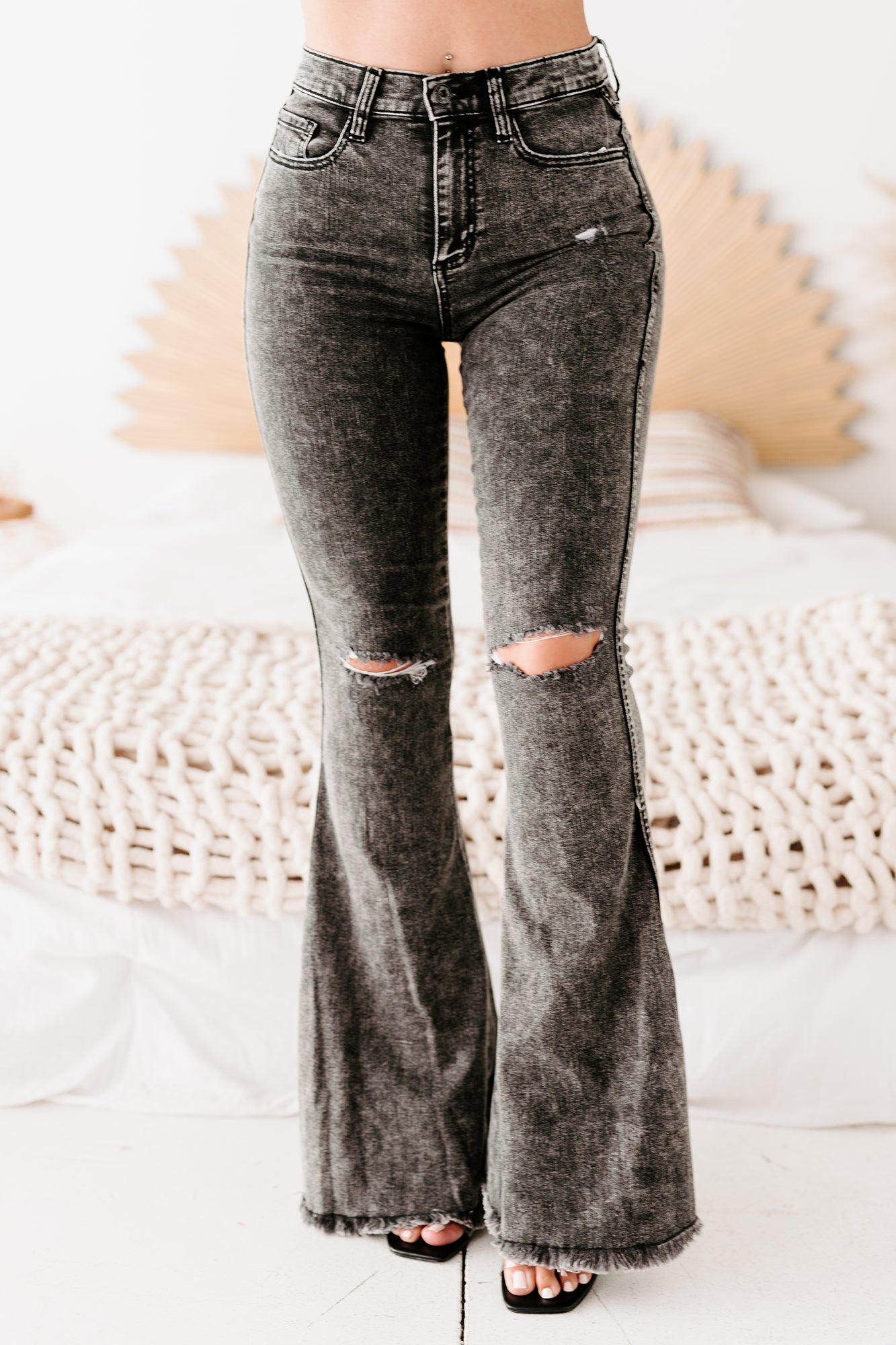 Megara Sneak Peek High Rise Frayed Hem Flare Jeans (Acid Black) - NanaMacs