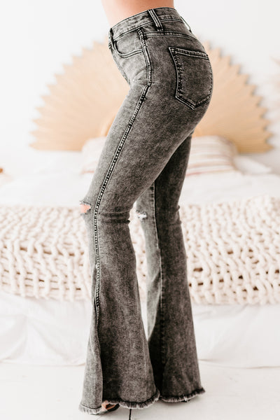 Megara Sneak Peek High Rise Frayed Hem Flare Jeans (Acid Black) - NanaMacs