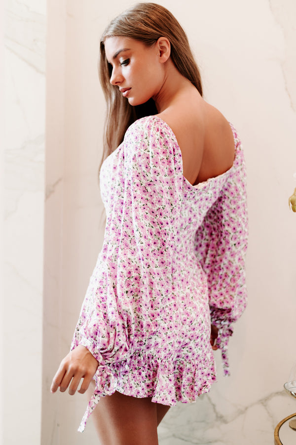 Instant Confidence Long Sleeve Floral Print Romper (Purple) - NanaMacs