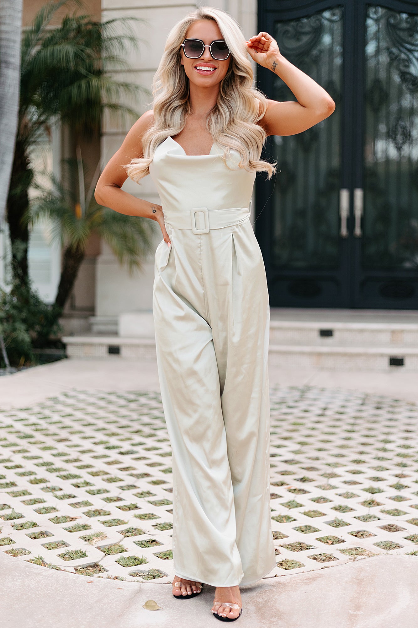 Something To Celebrate Satin Cowl Neck Jumpsuit (Champagne)