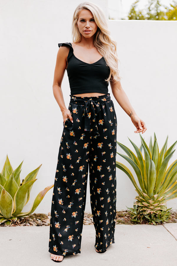 Addicted To Love Floral Print Wide Leg Pants (Black) - NanaMacs