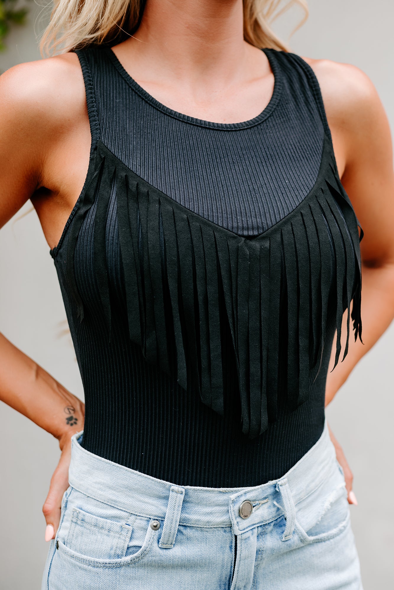 Melinda Sleeveless Fringe Detailed Bodysuit (Black) - NanaMacs