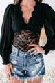 Morticia Long Sleeve Scalloped Lace Bodysuit (Black) - NanaMacs
