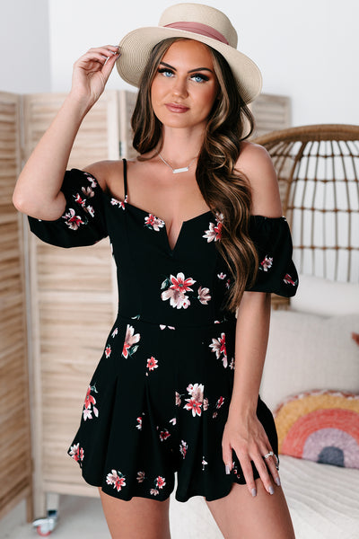 Captivating Beauty Floral Cold Shoulder Romper (Black) - NanaMacs