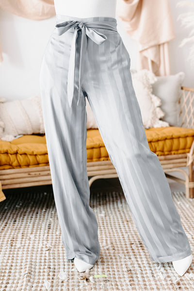 Mirage Satin Paper Bag Waist Wide-Leg Pants (Blue) - NanaMacs