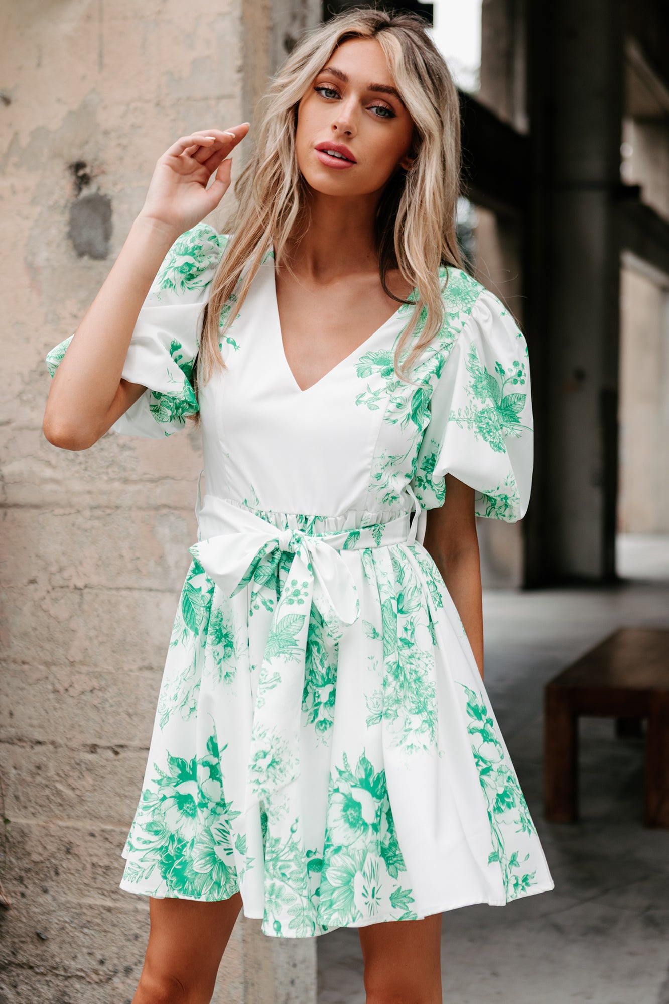 Fresh Feelings Puff Sleeve Floral Print Dress (Green) - NanaMacs