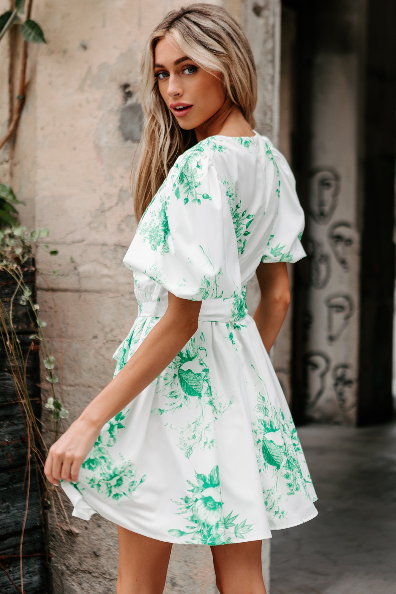 Fresh Feelings Puff Sleeve Floral Print Dress (Green) - NanaMacs