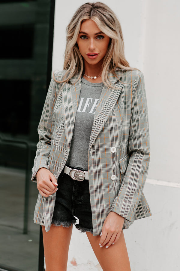 Busy Bee Plaid Blazer (Grey Plaid) - NanaMacs