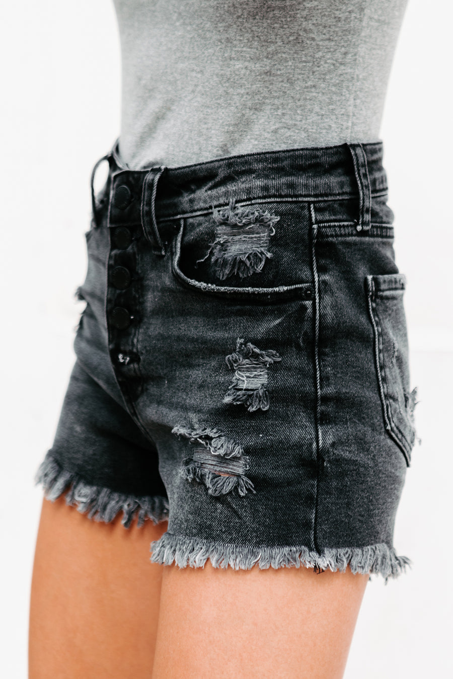 Wilhelmina High Rise Button-Down Distressed Denim Shorts (Washed Black) - NanaMacs