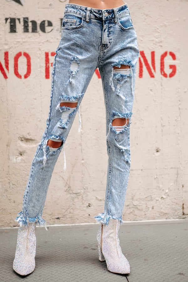 Draya High Rise Acid Wash Distressed Skinny Jeans (Light Acid) - NanaMacs