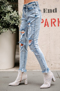 Draya High Rise Acid Wash Distressed Skinny Jeans (Light Acid) - NanaMacs