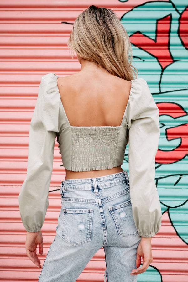 Tied & True Self-Tie Puff Shoulder Crop Top (Sage) - NanaMacs