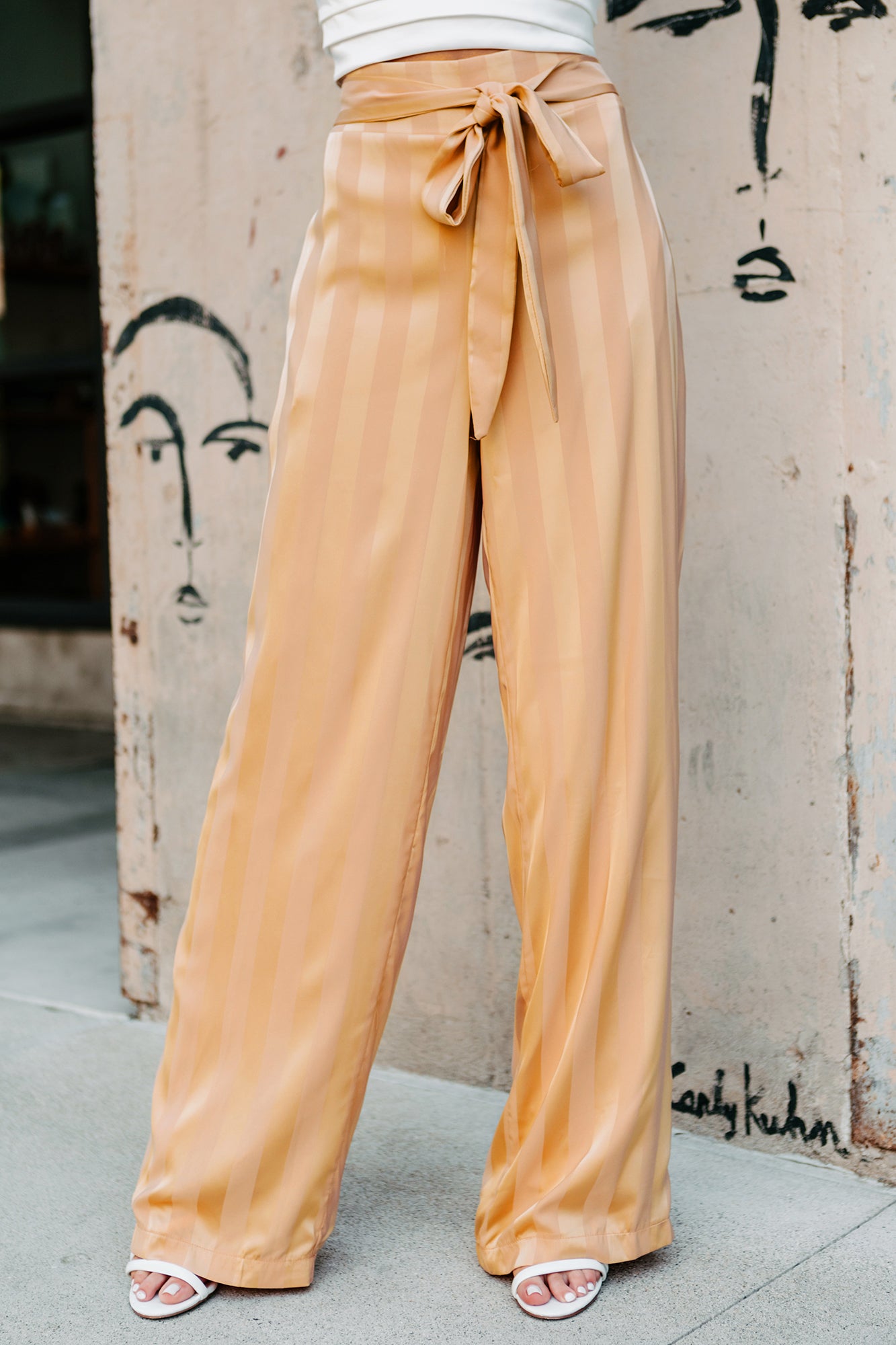 Mirage Satin Paper Bag Waist Wide-Leg Pants (Gold) - NanaMacs