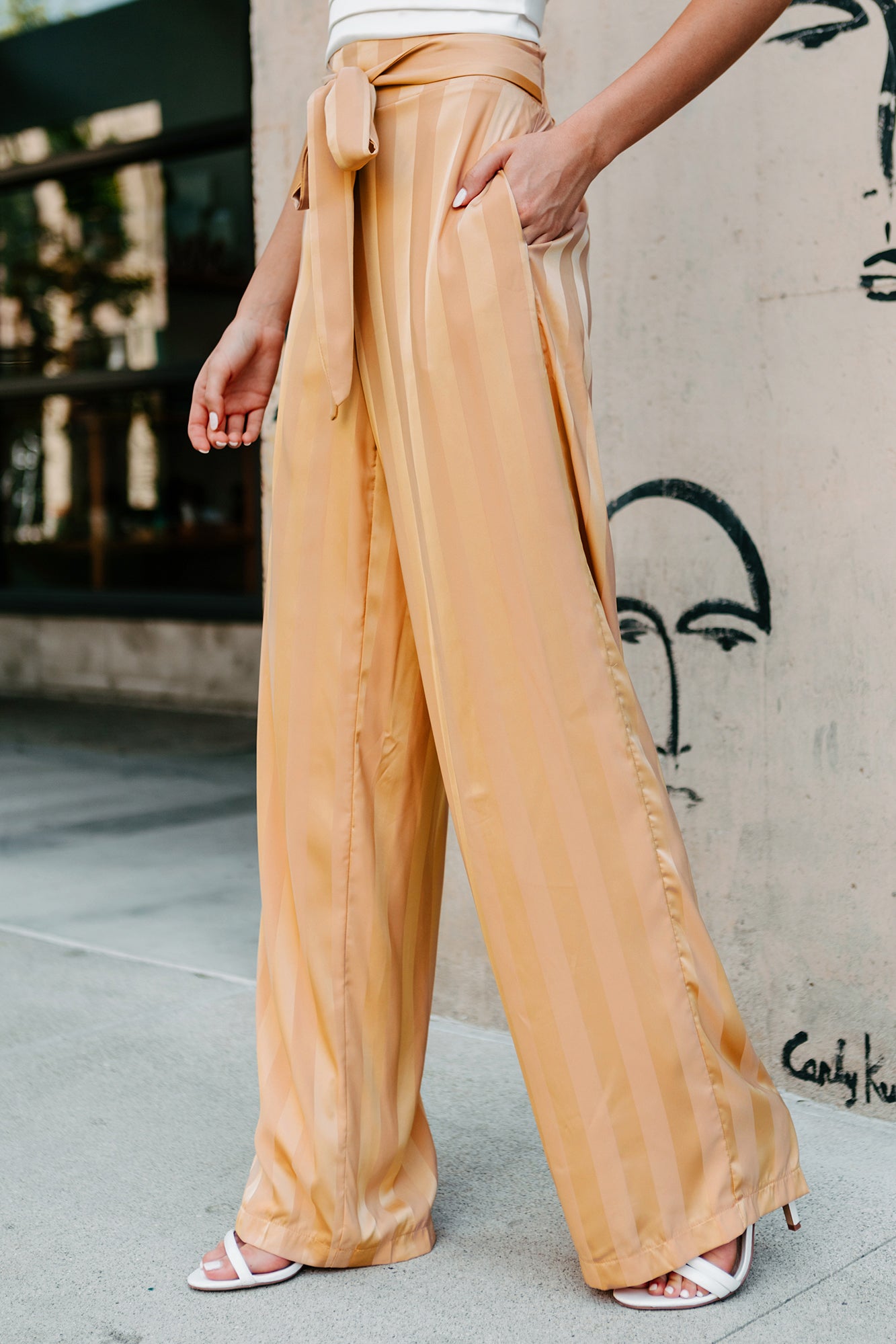 Mirage Satin Paper Bag Waist Wide-Leg Pants (Gold) - NanaMacs