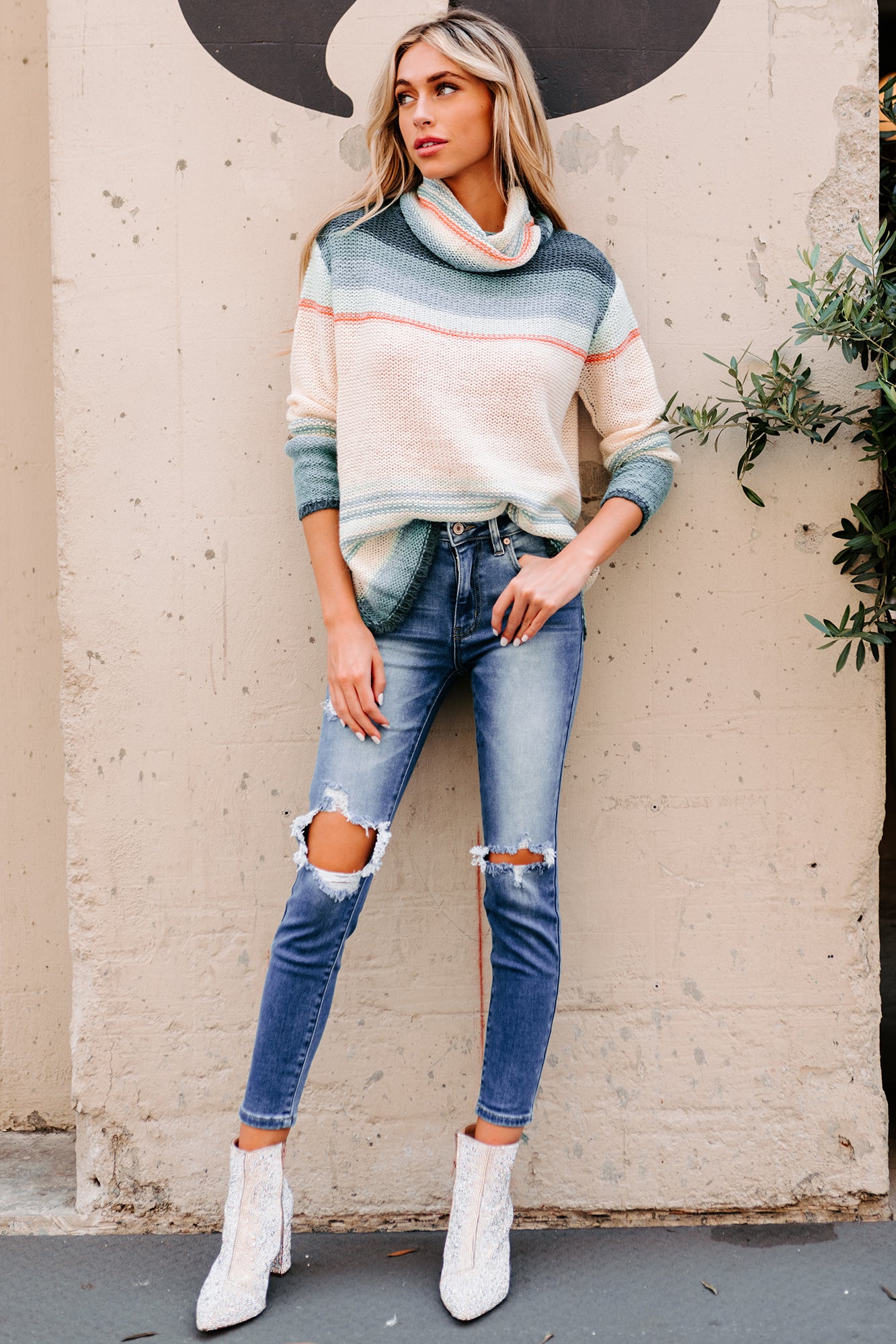 Striped cowl neck clearance sweater