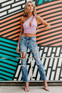 Unexpected Outcomes One Shoulder Cut-Out Crop Top (Lilac) - NanaMacs