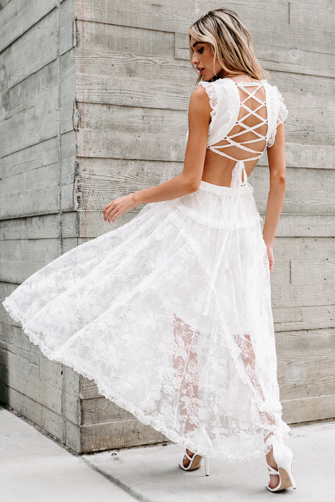 Sway My Way Ruffled Cut-Out Waist Lace Dress (Ivory) - NanaMacs