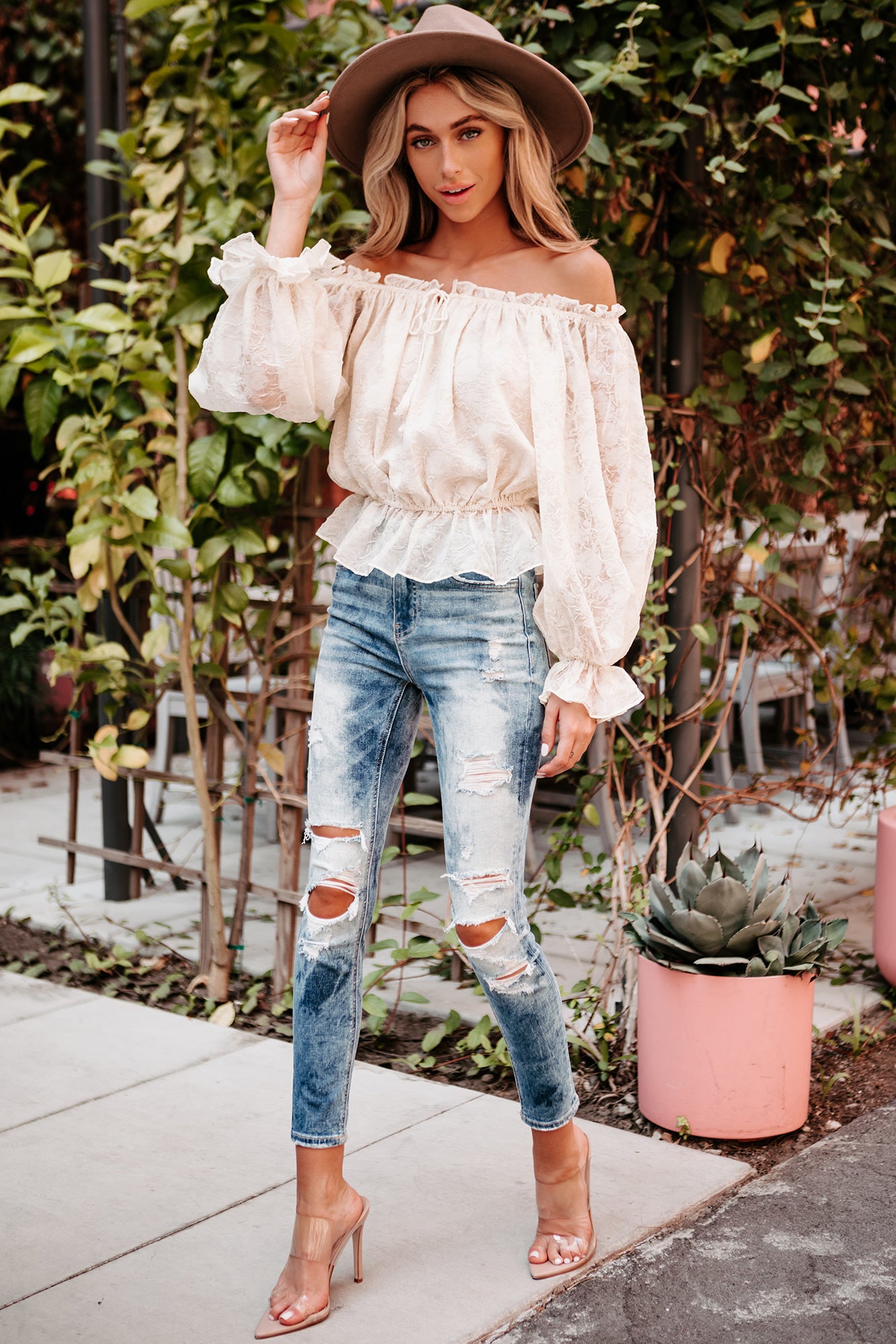 Forever Your Sweetheart Floral Textured Off The Shoulder Top (Ivory) - NanaMacs