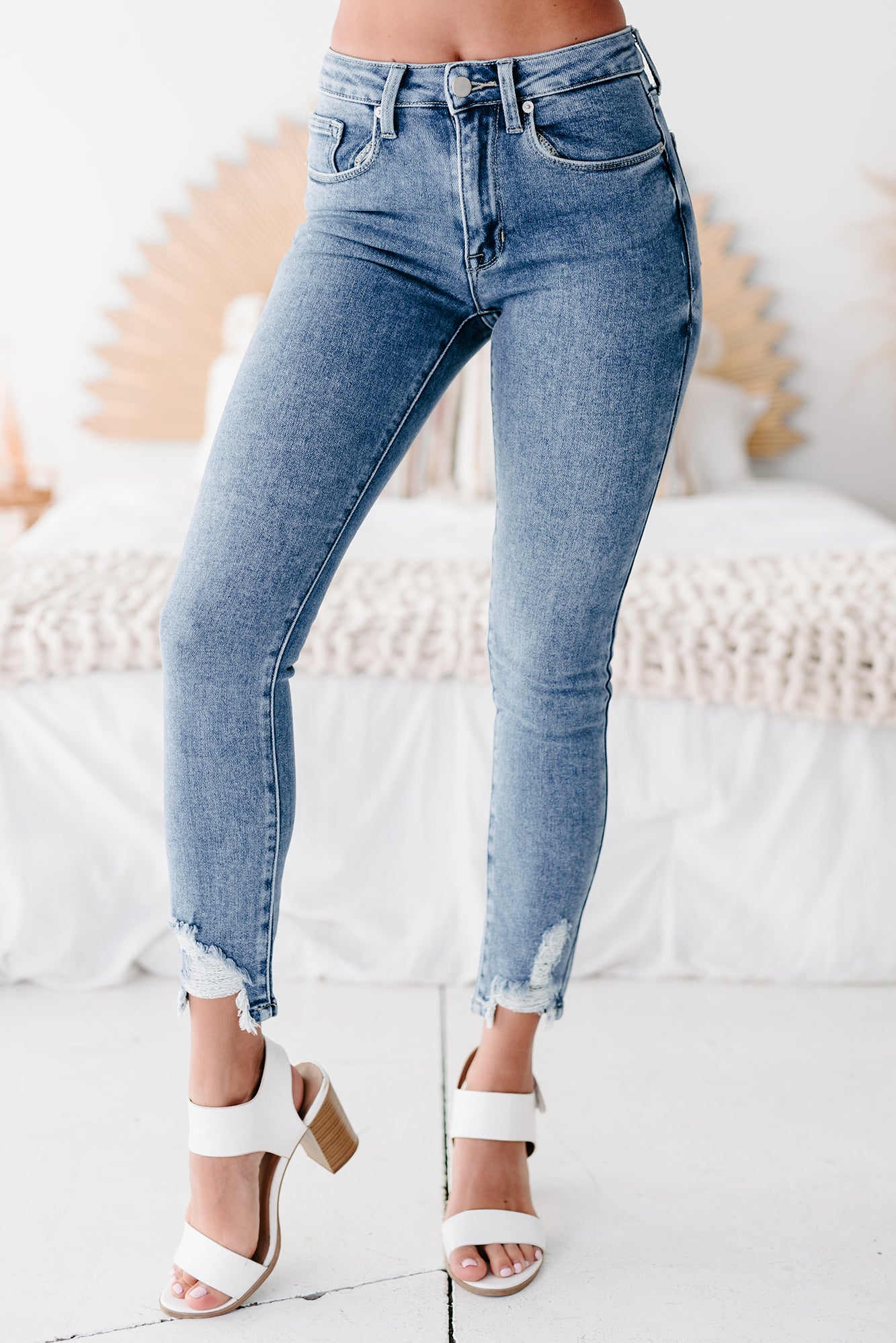 Always Honest Just Panmaco Mid-Rise Distressed Hem Skinny Jeans (Medium Denim) - NanaMacs