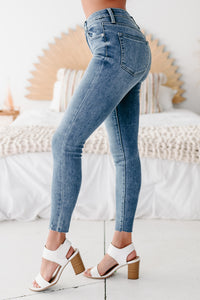 Sora Just Panmaco Mid-Rise Raw Hem Skinny Jeans (Medium Denim) - NanaMacs