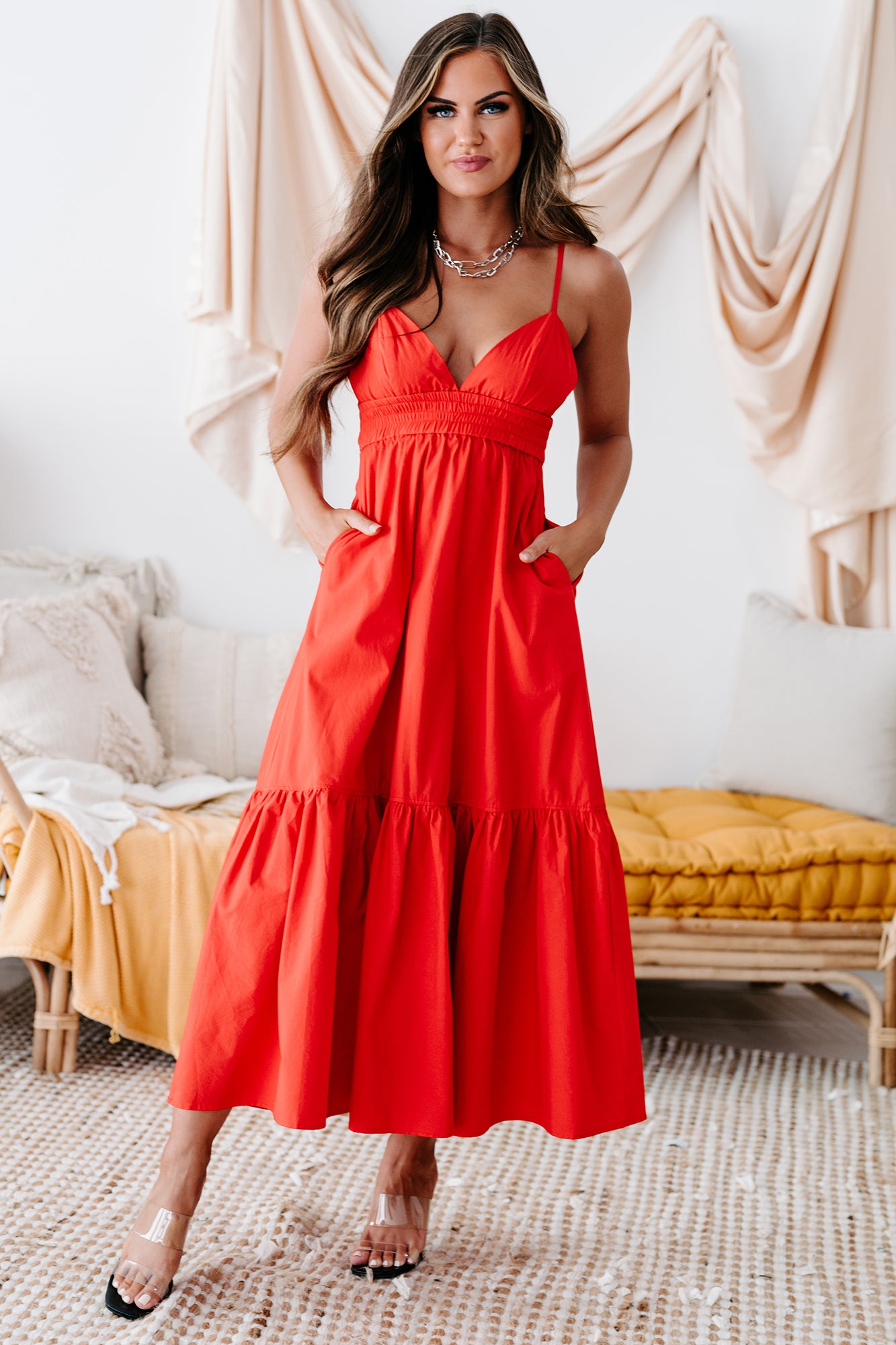Visions Of Elegance Smocked Waist Cotton Midi Dress (Scarlet) - NanaMacs
