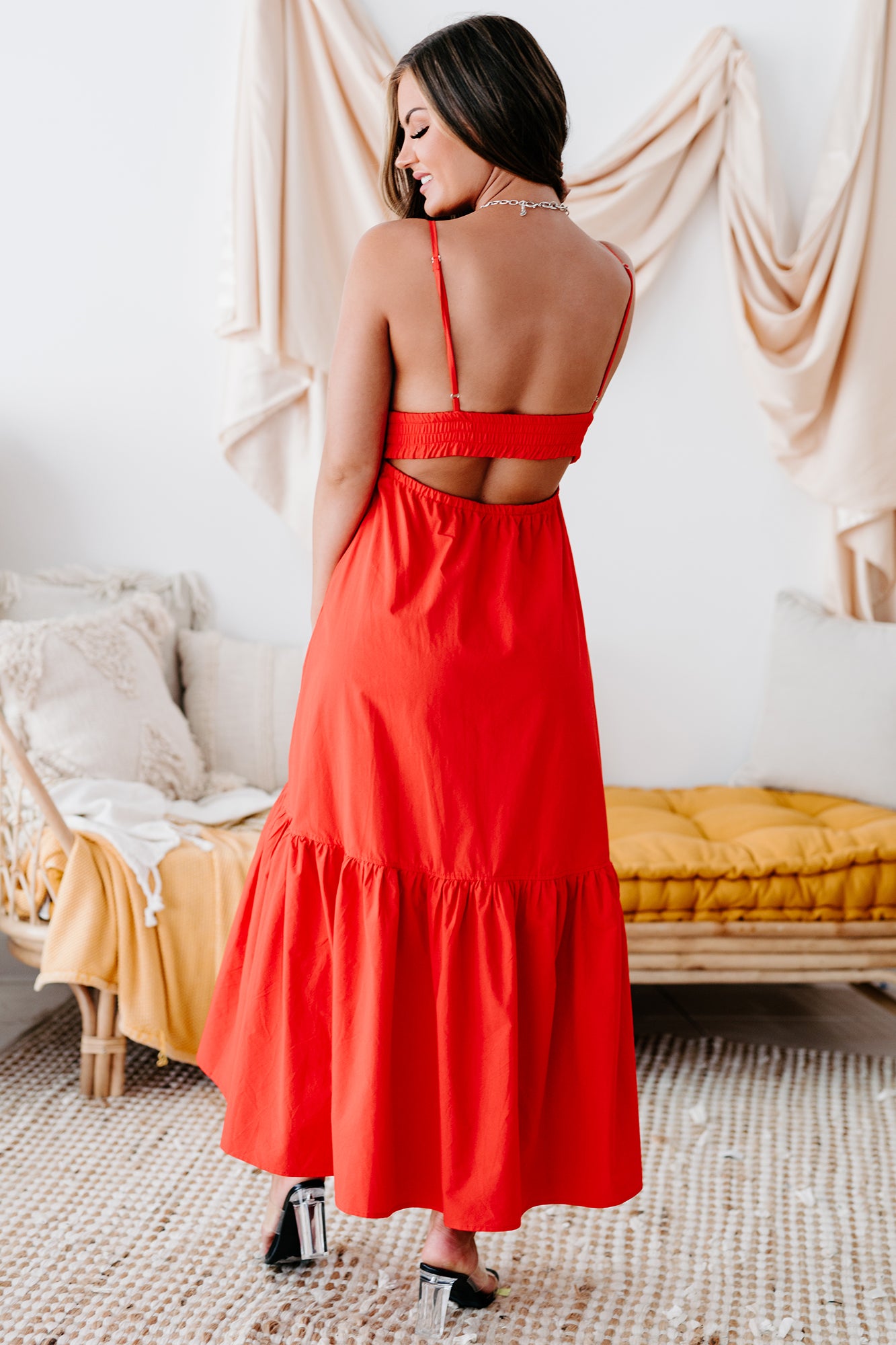 Visions Of Elegance Smocked Waist Cotton Midi Dress (Scarlet) - NanaMacs