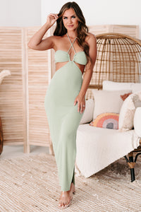 Weekend Highlight Ribbed Cut-Out Halter Maxi Dress (Sage) - NanaMacs