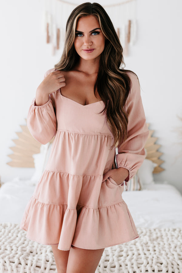 Perfect Perception Tiered Long Sleeve Mini Dress (Pink Bell) - NanaMacs