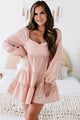 Perfect Perception Tiered Long Sleeve Mini Dress (Pink Bell) - NanaMacs