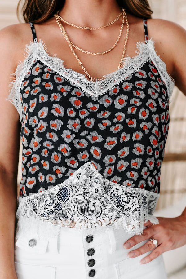 Fervently Fierce Lace-Trimmed Leopard Print Tank Top (Navy) - NanaMacs