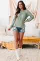 Dare To Desire Long Sleeve Textured Knit Lace Paneled Top (Sage) - NanaMacs