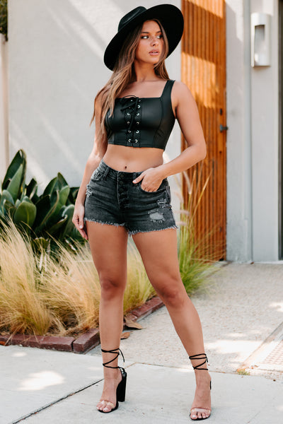 Biker Babe Faux Leather Lace-Up Crop Tank Top (Black) - NanaMacs