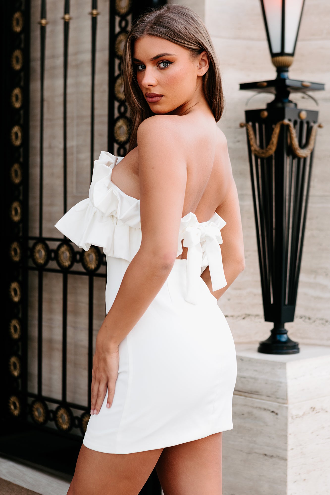 White ruffle strapless clearance dress