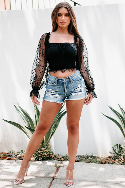 Elevated Interest Long Sleeve Dotted Tulle Top (Black) - NanaMacs