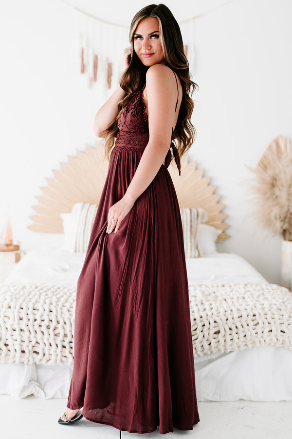 Farryn Tie-Back Crochet-Lace Maxi Dress (Red Brown) - NanaMacs