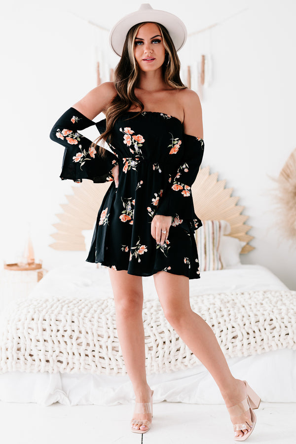 "Hope Is A Heartache" Floral Off The Shoulder Dress (Black/Coral) - NanaMacs