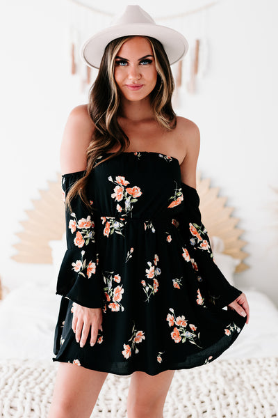 "Hope Is A Heartache" Floral Off The Shoulder Dress (Black/Coral) - NanaMacs