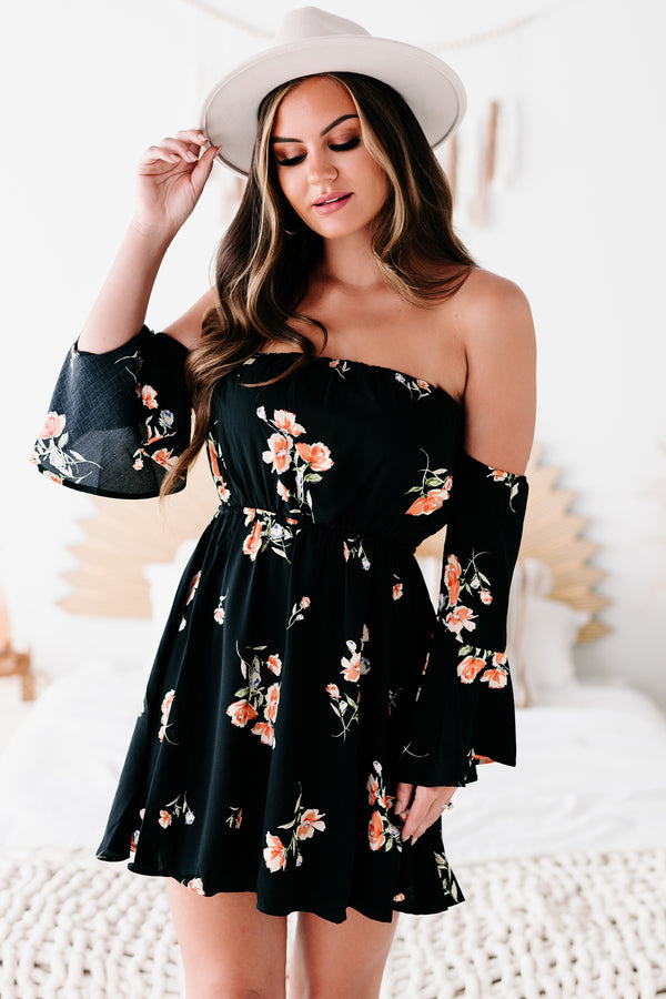 "Hope Is A Heartache" Floral Off The Shoulder Dress (Black/Coral) - NanaMacs