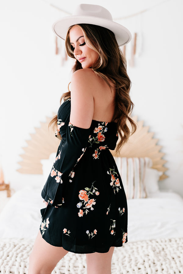 "Hope Is A Heartache" Floral Off The Shoulder Dress (Black/Coral) - NanaMacs