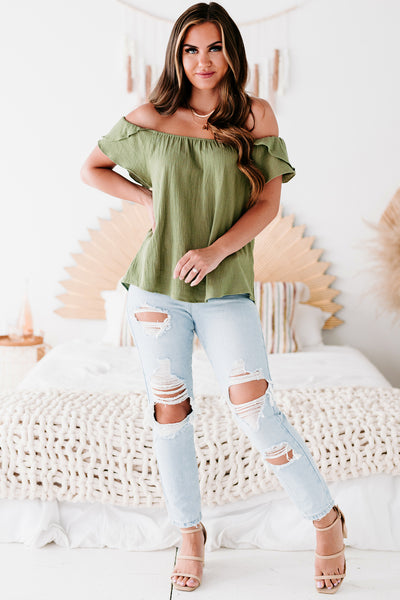 Malta Textured Tulip-Sleeve Top (Olive) - NanaMacs