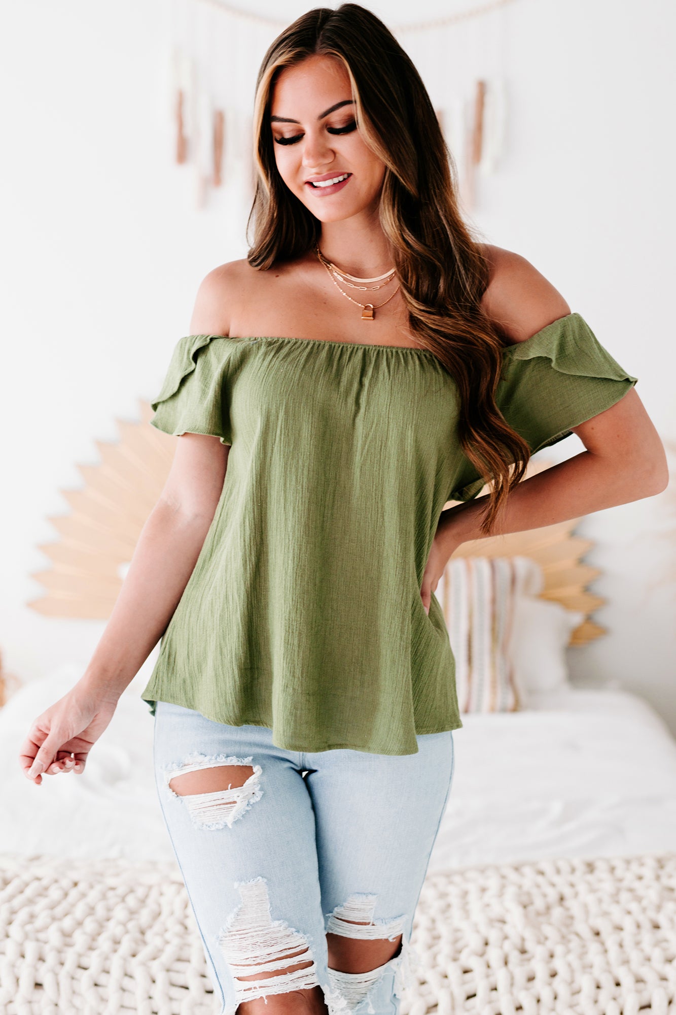 Malta Textured Tulip-Sleeve Top (Olive) - NanaMacs