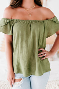 Malta Textured Tulip-Sleeve Top (Olive) - NanaMacs