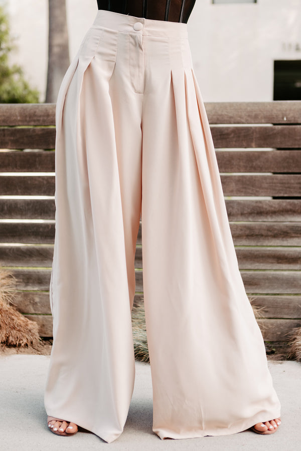 Conference Call High Rise Pleated Wide Leg Pants (Natural) - NanaMacs