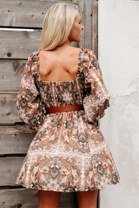 Vintage Aura Paisley Printed Long Sleeve Dress (Ivory/Brown) - NanaMacs